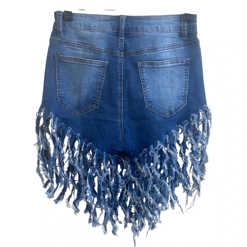 JC & JQ Blue Denim High Waisted Fringe Tassel Shorts HS2309 Medium Wash Womens S
